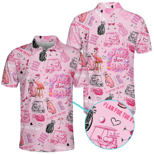 Cute Pink Flamingo Golf Cart Pattern Shirt, Tropical Summer Golf Shirt for Men, Funny Vacation Beach Shirt, Casual Resort Style Top