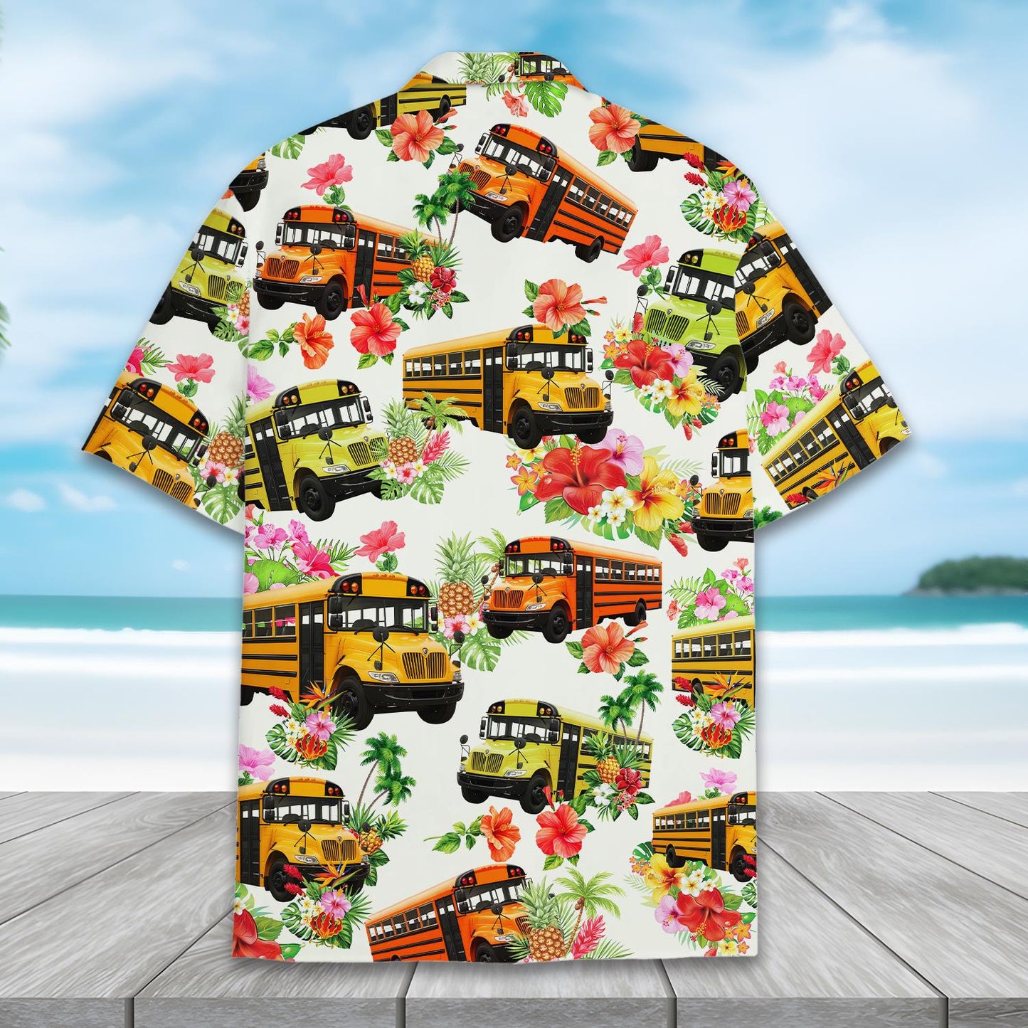 Funny School Bus Hawaiian Shirt for Men Women Youth, Tropical Hibiscus Floral Summer Shirt,