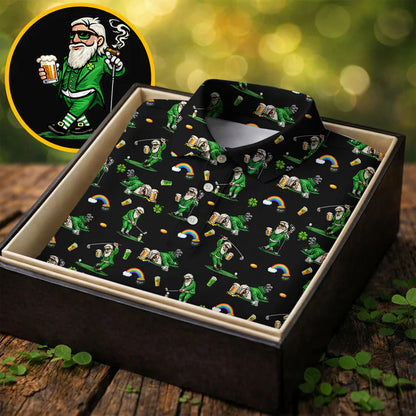 St Patrick's Day Leprechaun Character Golf And Beer Black Golf Shirt