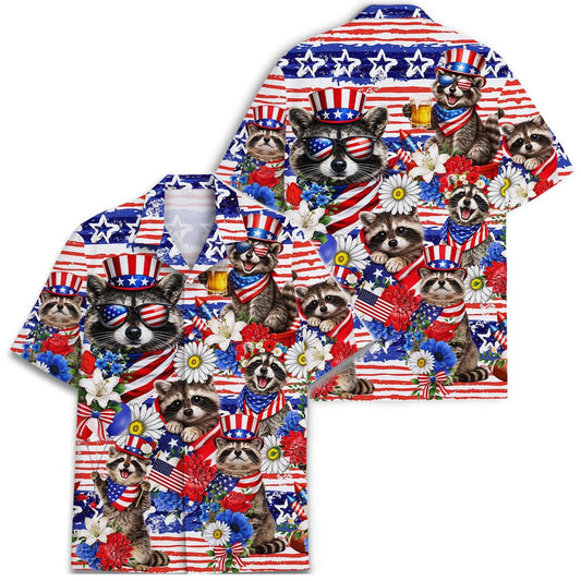 Patriotic Raccoon Hawaiian Shirt, Uncle Sam USA Aloha Button Down