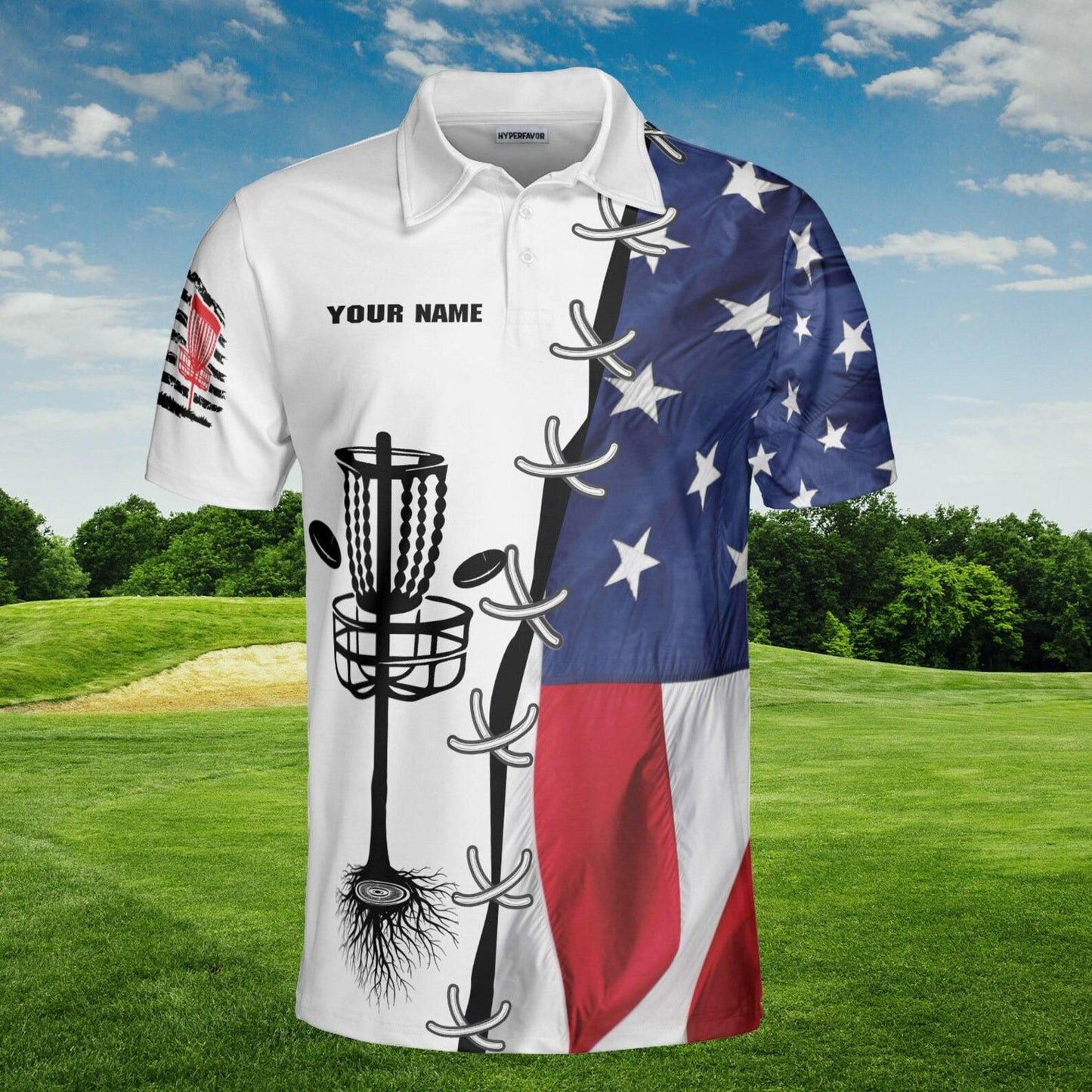 Personalized USA Flag Disc Golf Shirt for Men, American Flag Frisbee Golf Shirt