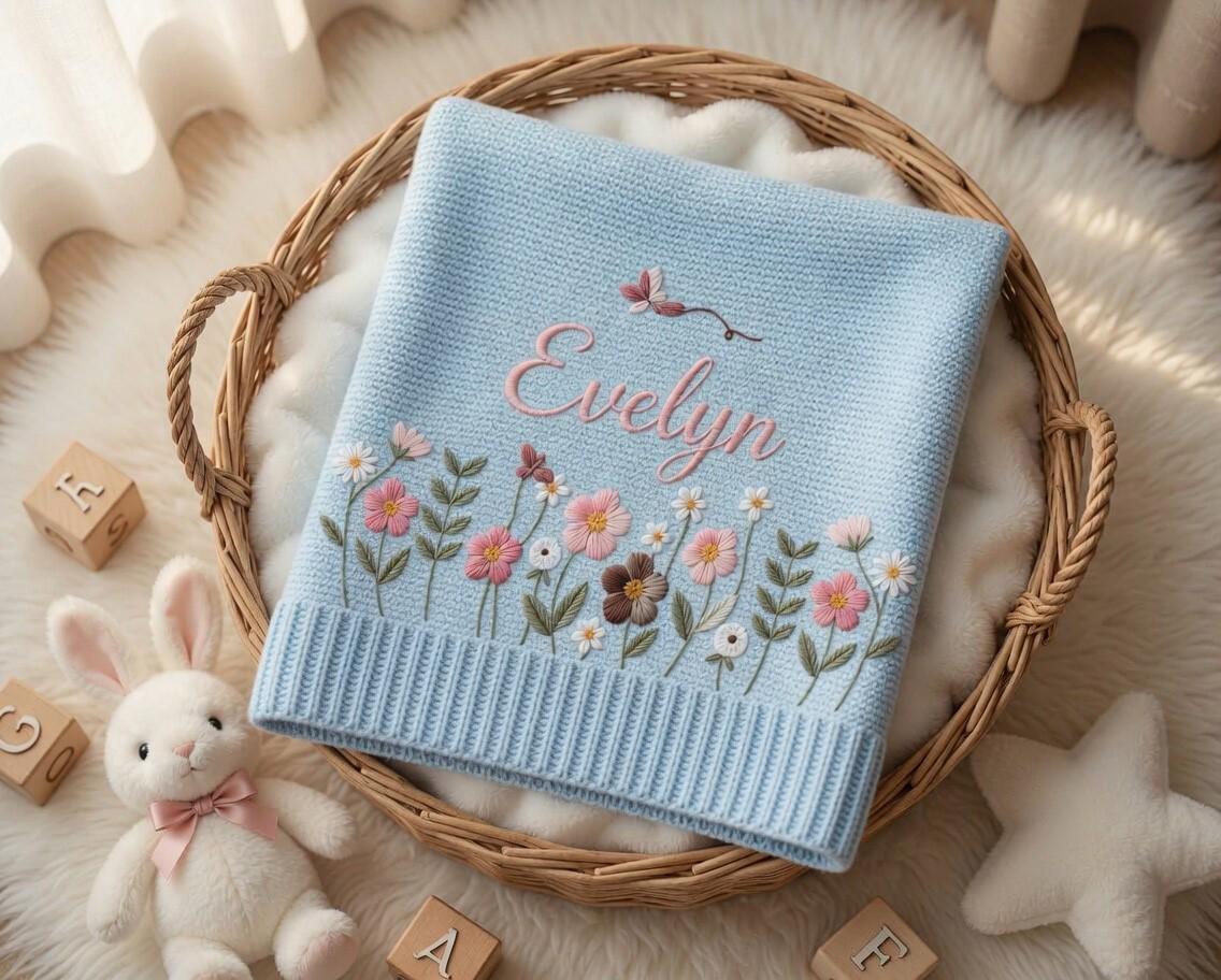 Personalized Embroidery Wildflower Baby Blanket with Name