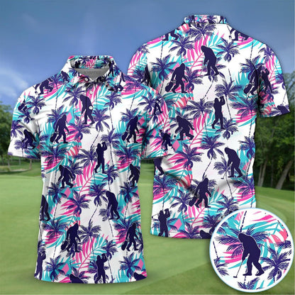 Bigfoot Golf Polo Shirt Men, Sasquatch Tropical Palm Golf Polo