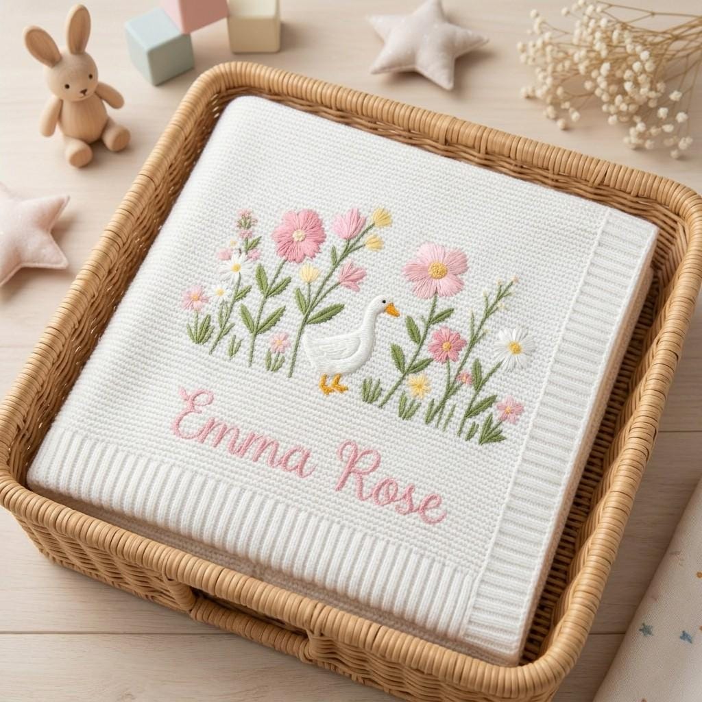 Personalized Embroidered Goose Floral Baby Blanket