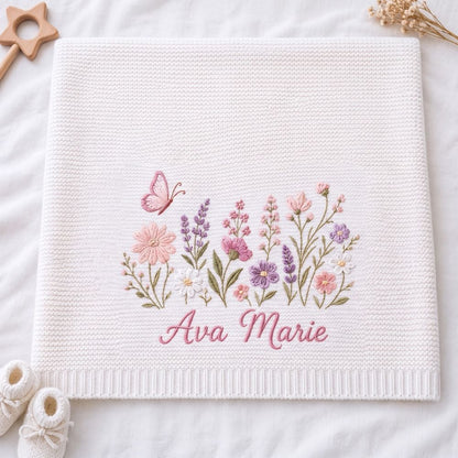 Personalized Embroidery Floral Knit Baby Blanket