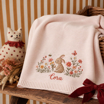Custom Embroidered Bunny Floral Baby Name Blanket