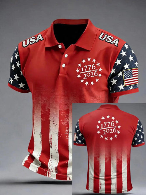 Vintage Distressed American Flag Polo, 1776–2026 Celebration Shirt