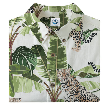 Hawaiian style watercolor leopard print shirt with palm tree print