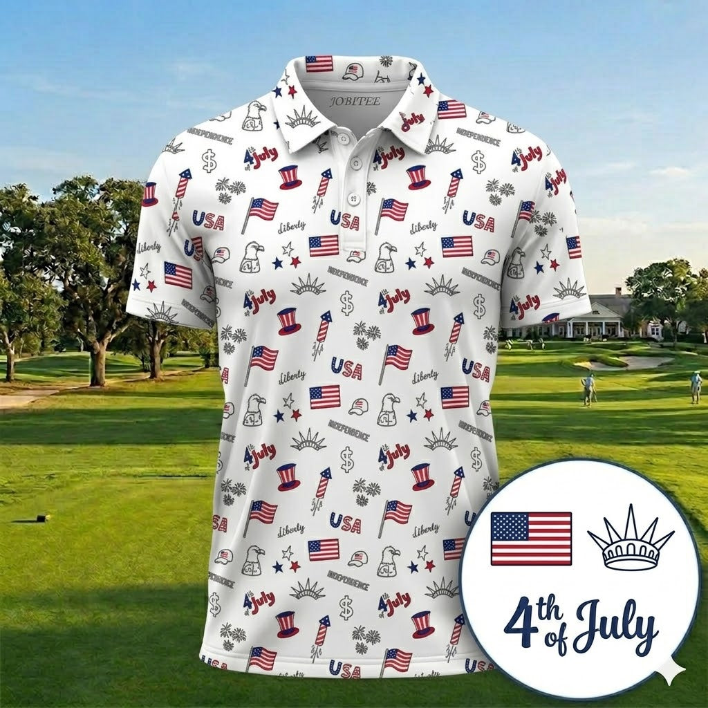 4th of July Golf Polo Shirt, Patriotic USA Polo for Men, American Flag Independence Day Shirt