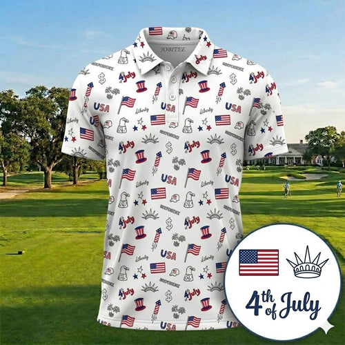 4th of July Golf Polo Shirt, Patriotic USA Polo for Men, American Flag Independence Day Shirt