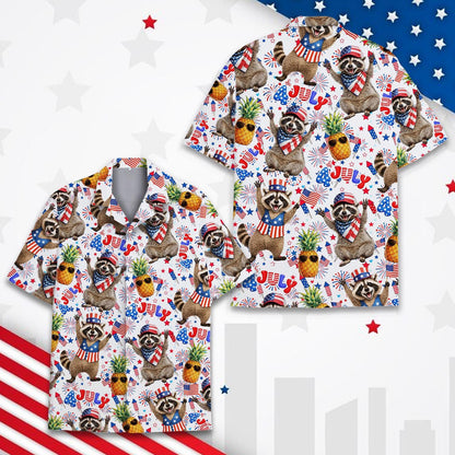 Raccoon & Pineapple Hawaiian Shirt, Patriotic USA Button Up Shirt