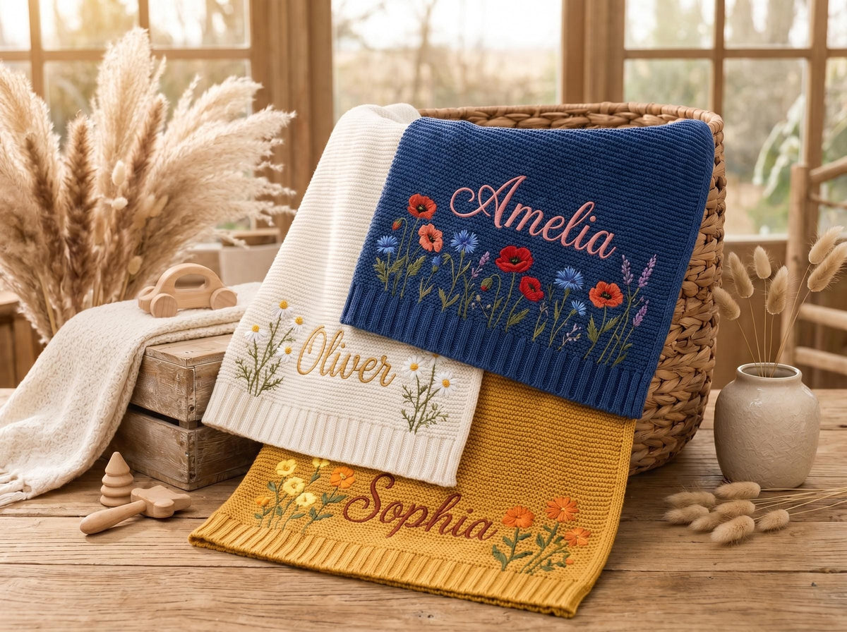 Personalized Embroidery Baby Blanket Flower Custom Name