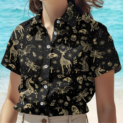 Gothic Skeleton Animals Button Shirt, Mythical Unicorn Bat Deer Shirt