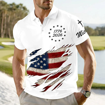 USA 250th Anniversary Polo Shirt 1776-2026, USA Flag Ripped Design Polo