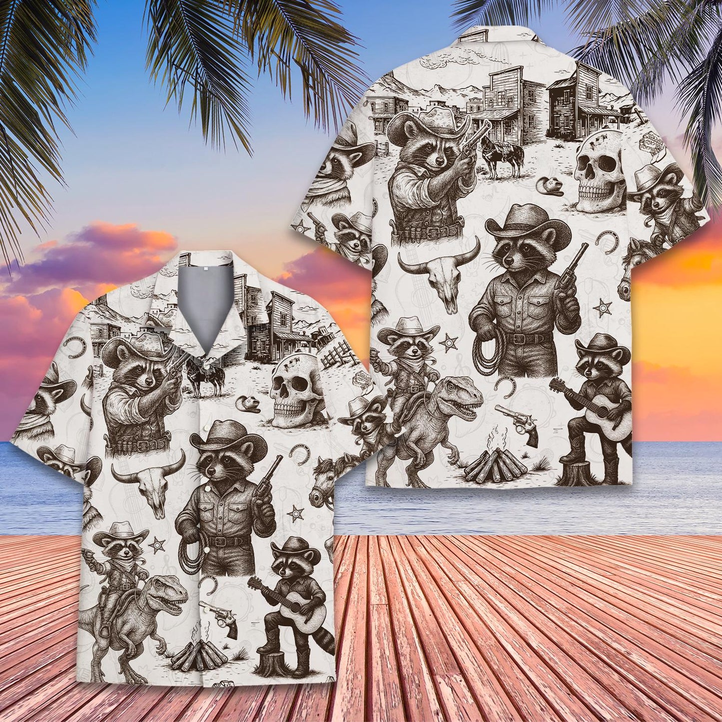 Cowboy Raccoon Hawaiian Shirt Men Women Youth, Funny Wild West Aloha Shirt