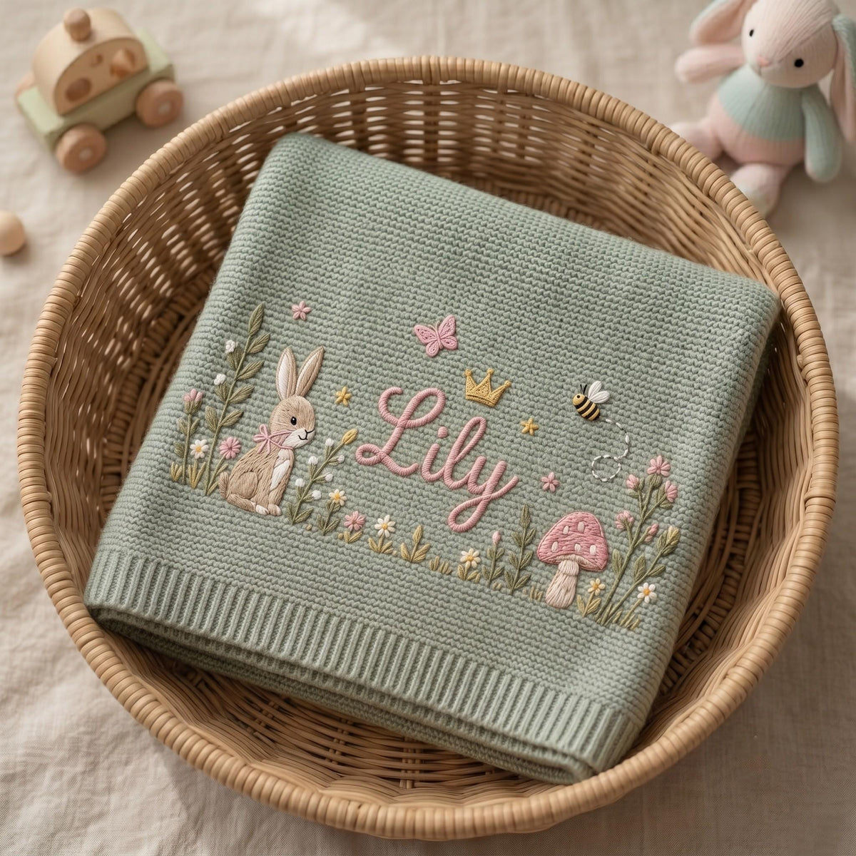 Personalized Embroidered Bunny Floral Baby Blanket