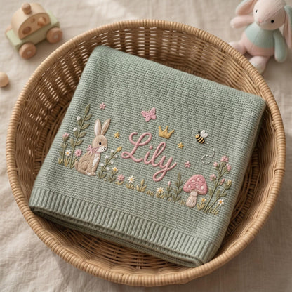 Personalized Embroidered Bunny Floral Baby Blanket