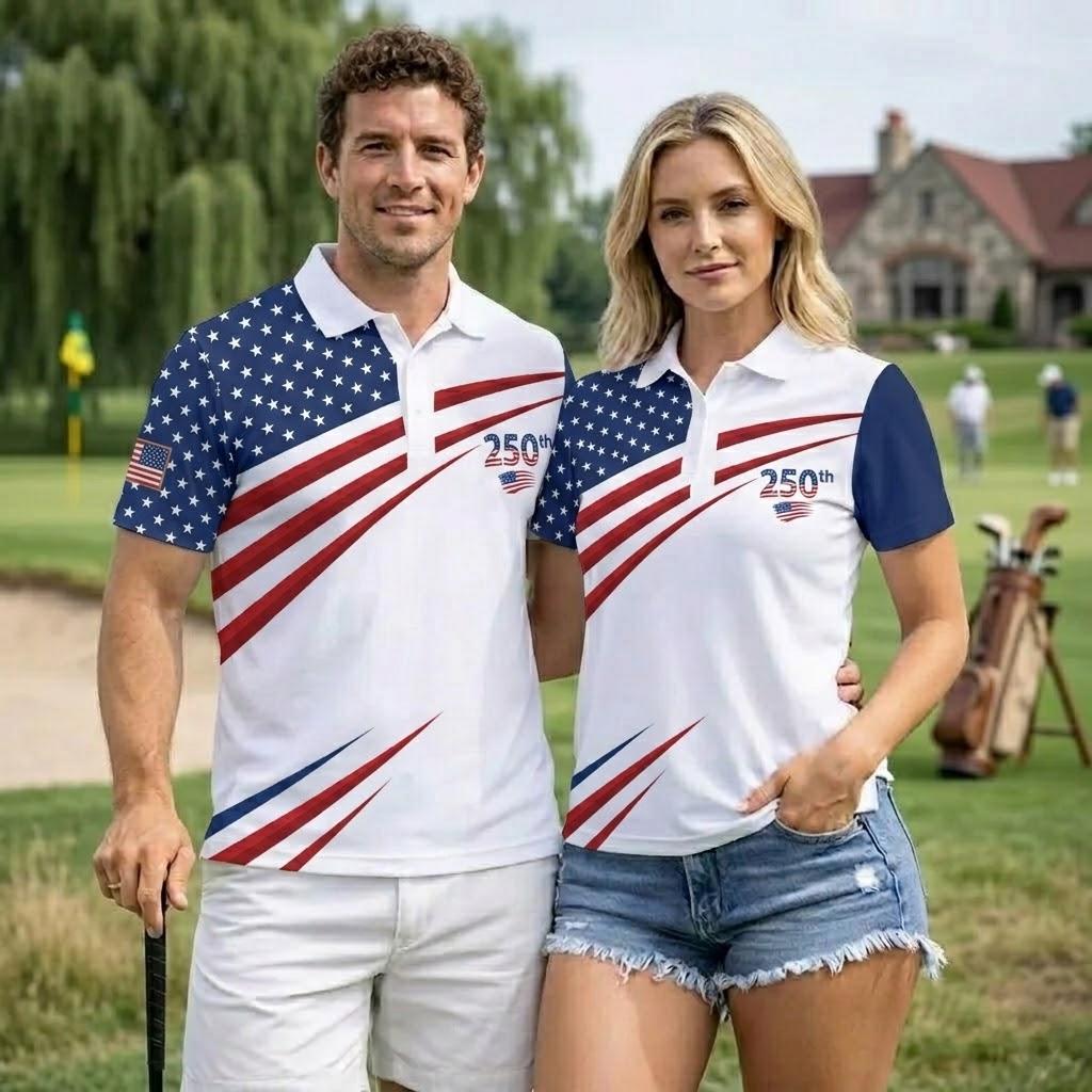 USA 250th Anniversary Golf Polo Shirt American Flag Couple Shirt