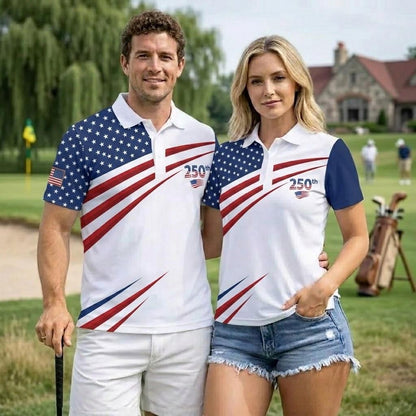 USA 250th Anniversary Golf Polo Shirt American Flag Couple Shirt