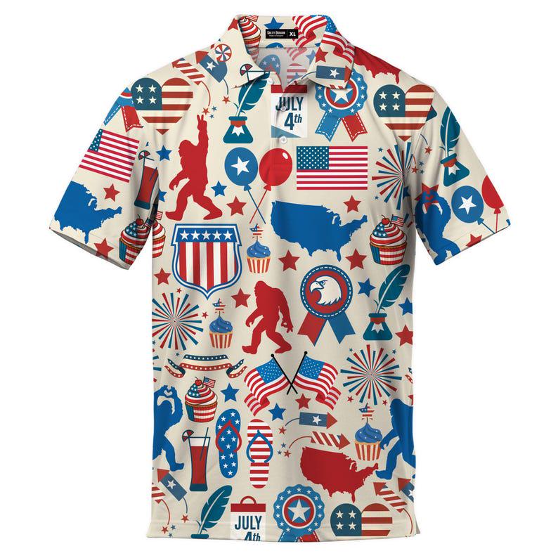 4th of July Bigfoot Polo Shirt, Patriotic USA Flag Sasquatch Golf Shirt for Men