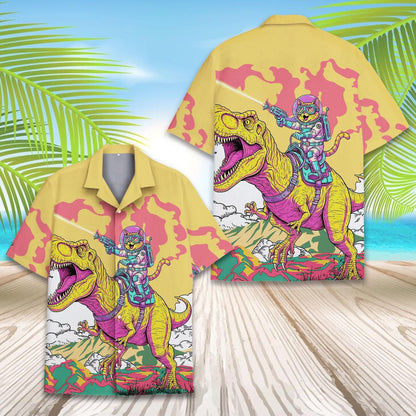 Astronaut Cat Riding Dinosaur Hawaiian Shirt