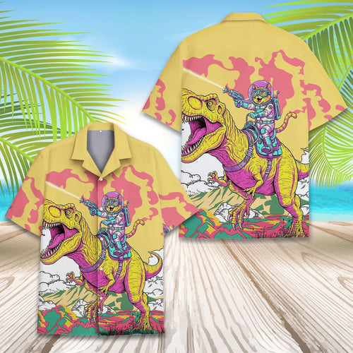 Astronaut Cat Riding Dinosaur Hawaiian Shirt