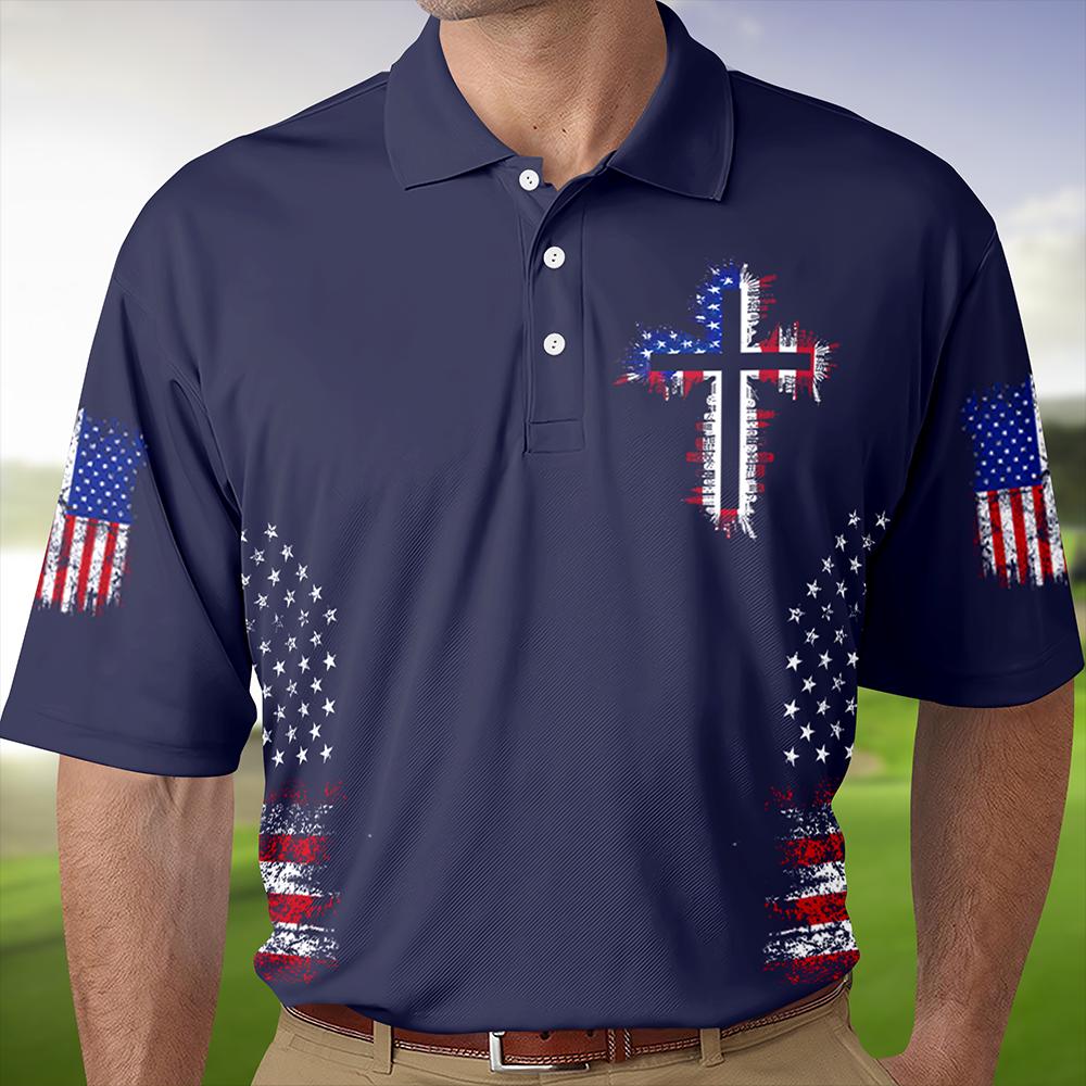 Christian Cross American Flag Polo Shirt for Men