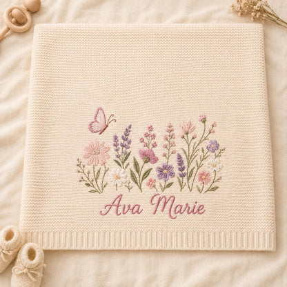 Personalized Embroidery Floral Knit Baby Blanket