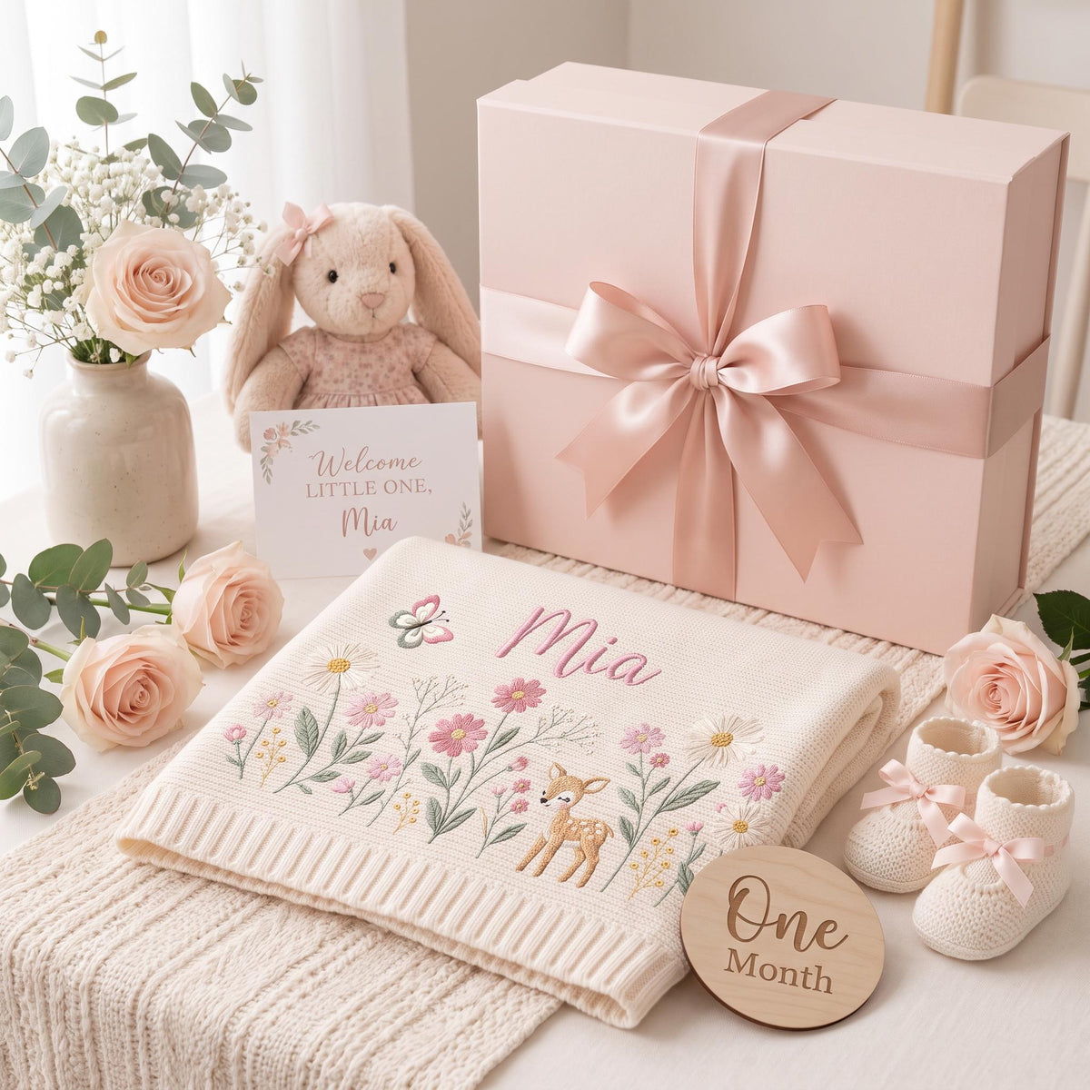 Personalized Baby Embroidery Blanket with Name Flower