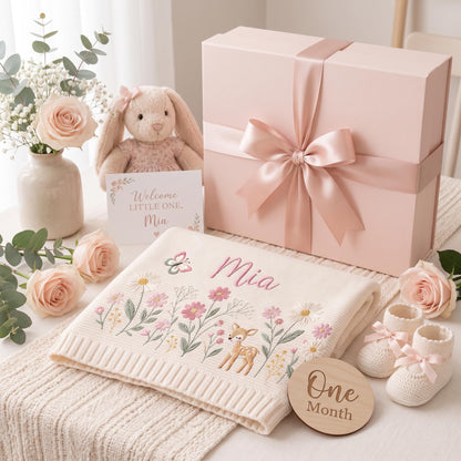 Personalized Baby Embroidery Blanket with Name Flower