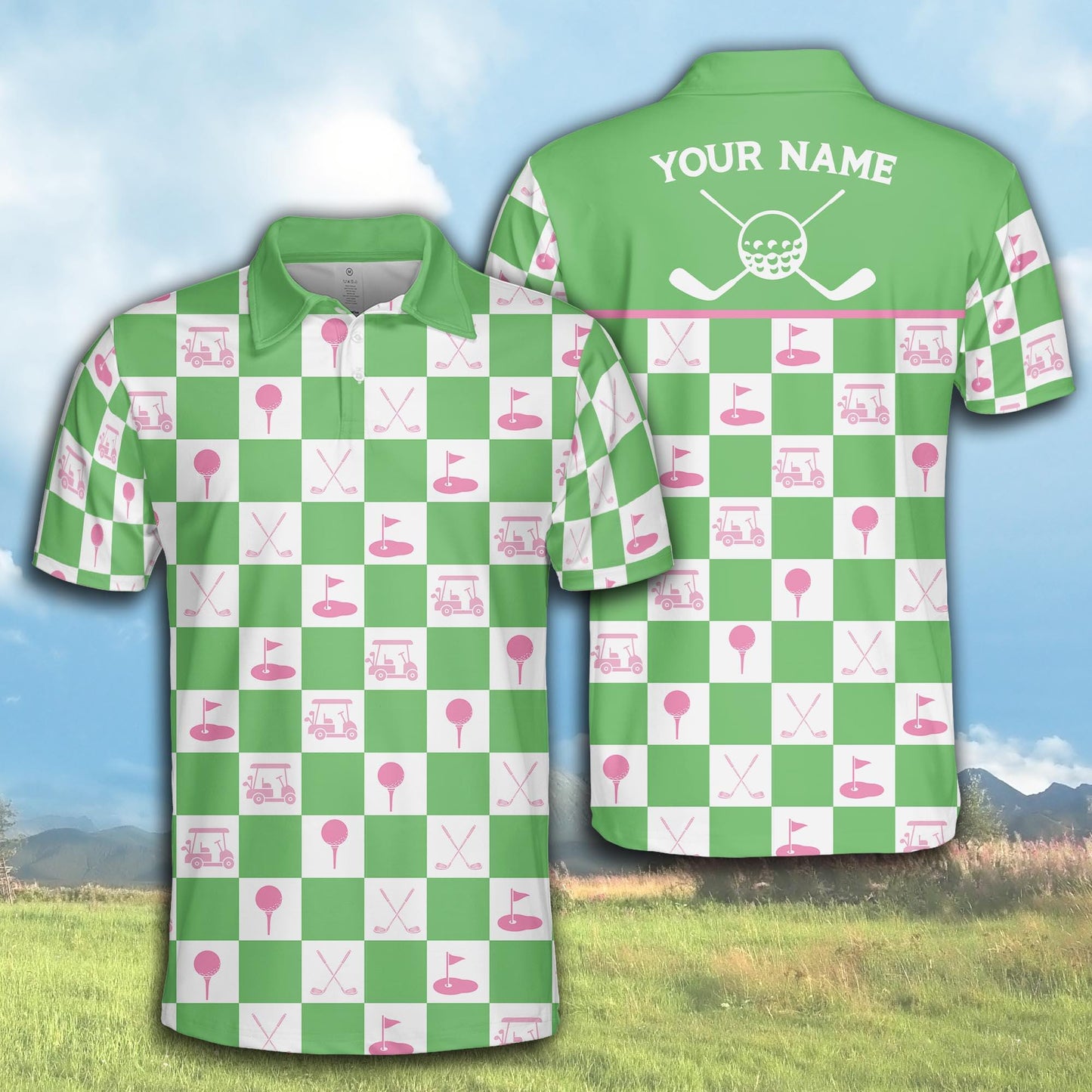 Personalized Name Golf Polo Shirt, Custom Color Argyle Short Sleeve Polo Shirt