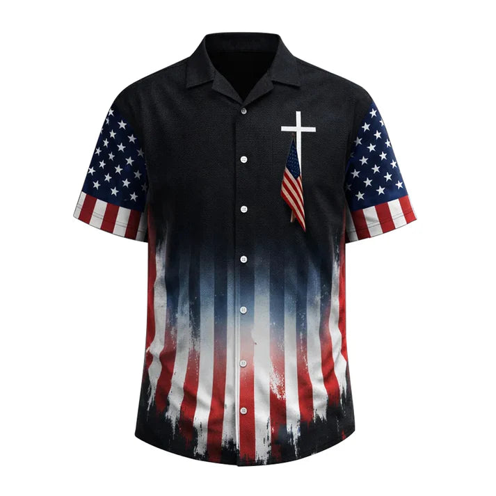 USA Flag Hawaiian Shirt Cross Patriotic American Faith Shirt