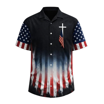 USA Flag Hawaiian Shirt Cross Patriotic American Faith Shirt