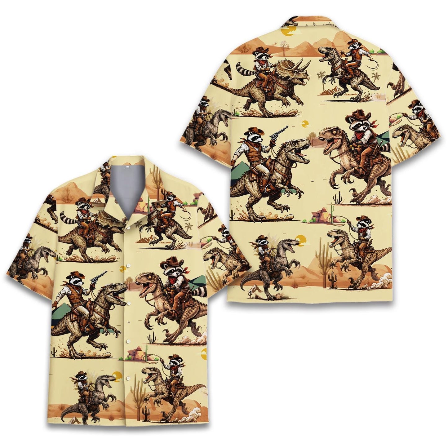 Raccoon Riding Dinosaur Aloha Shirt, Funny Wild West Gift