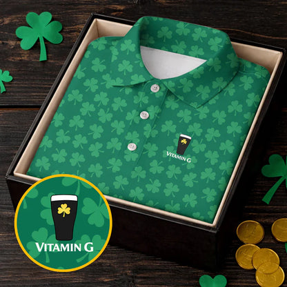 Vitamin G Shamrock Pattern Golf And Beer Green Golf Shirt
