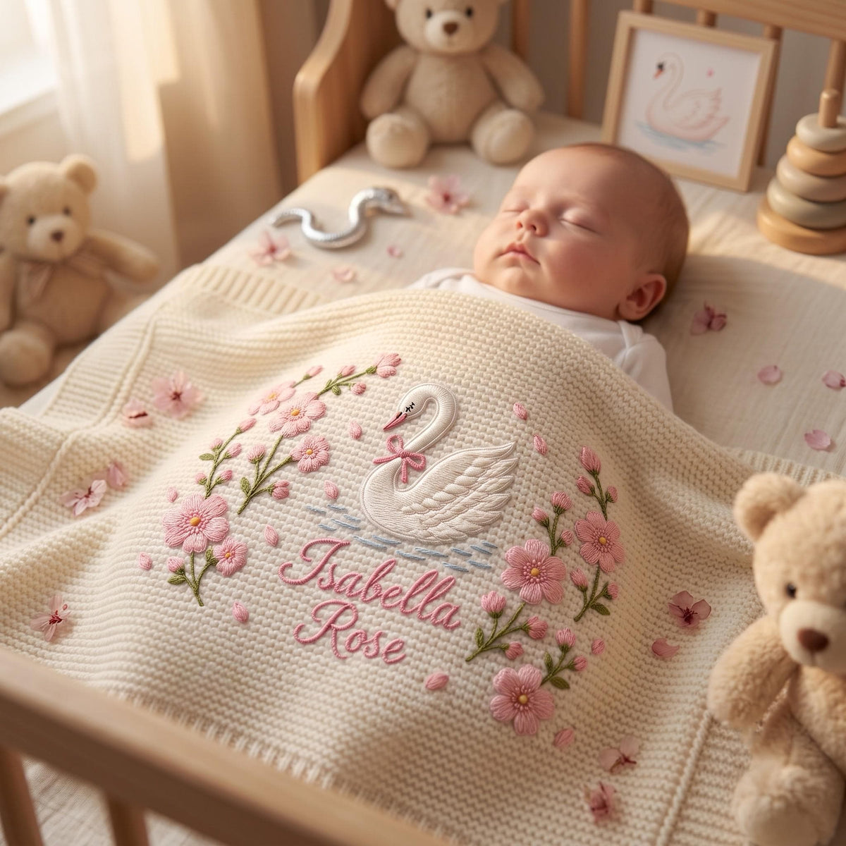 Personalized Knit Swan Baby Blanket Name Custom Embroidered Princess Swan