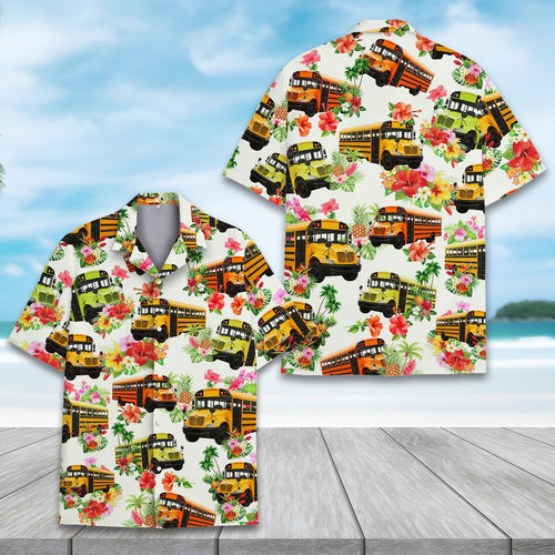 Funny School Bus Hawaiian Shirt for Men Women Youth, Tropical Hibiscus Floral Summer Shirt,