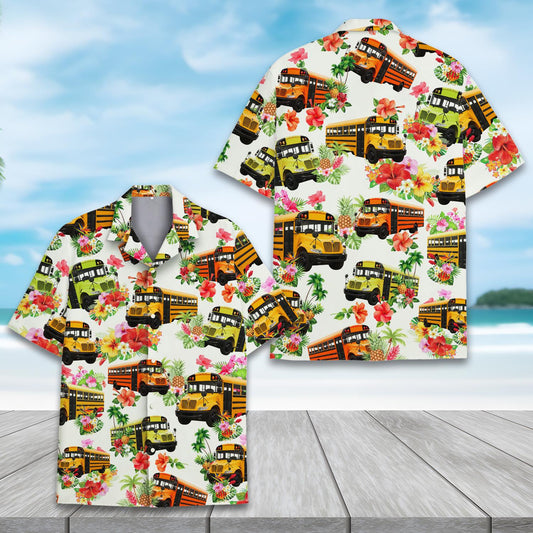 Funny School Bus Hawaiian Shirt for Men Women Youth, Tropical Hibiscus Floral Summer Shirt,