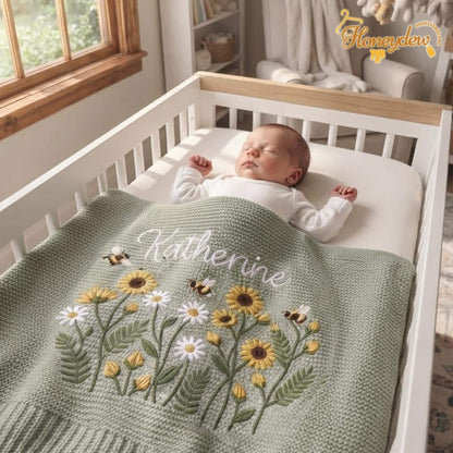 Embroidered Personalized Sun Flowers with Bee Baby Blanket