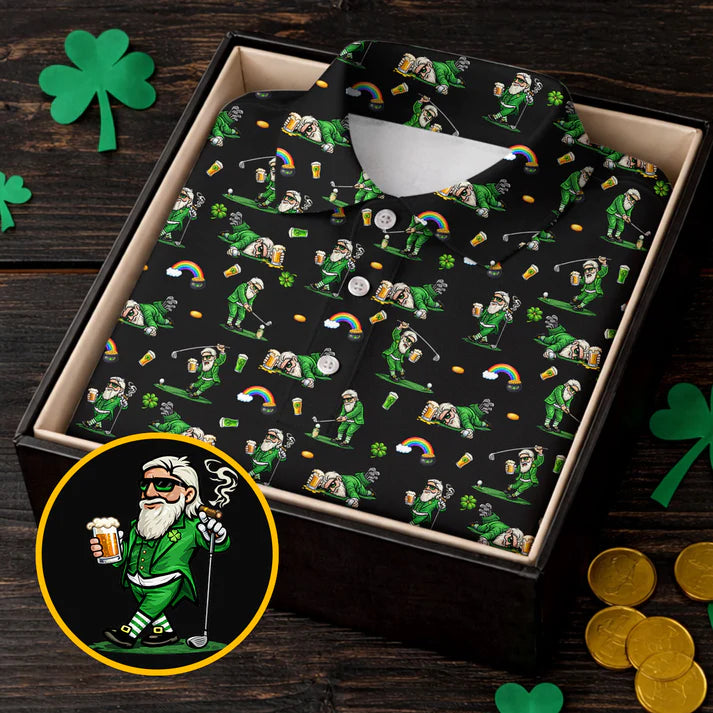 St Patrick's Day Leprechaun Character Golf And Beer Black Golf Shirt