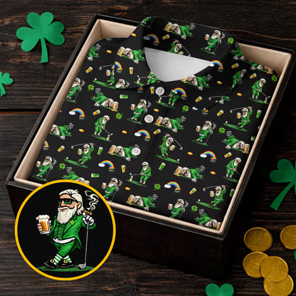 St Patrick's Day Leprechaun Character Golf And Beer Black Golf Shirt