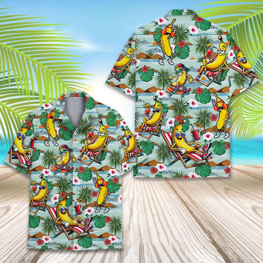 Banana Hawaiian Shirt for Men Women Youth, Tropical Banana Button Down Short Sleeve Shirt