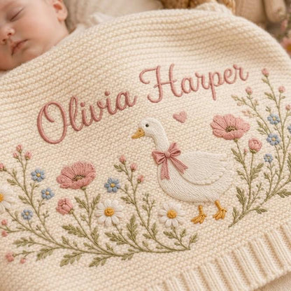 Embroidered Flower Cotton Blanket, Custom Name Baby Blanket