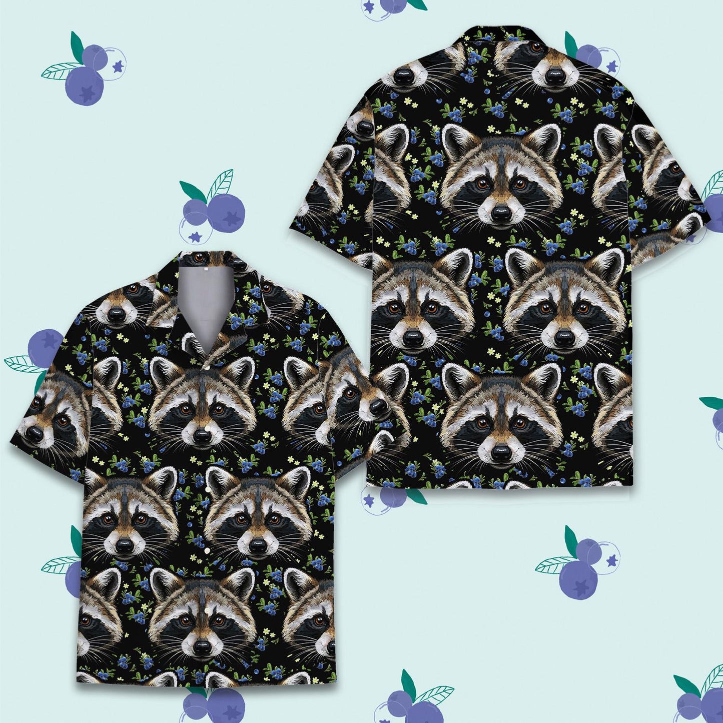 Raccoon Hawaiian Shirt for Men Women Youth, Blue Berry & Raccoon Print