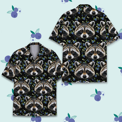 Raccoon Hawaiian Shirt for Men Women Youth, Blue Berry & Raccoon Print