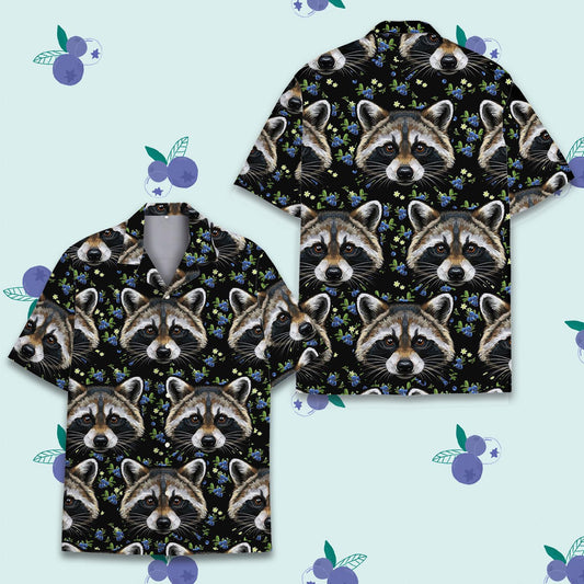 Raccoon Hawaiian Shirt for Men Women Youth, Blue Berry & Raccoon Print