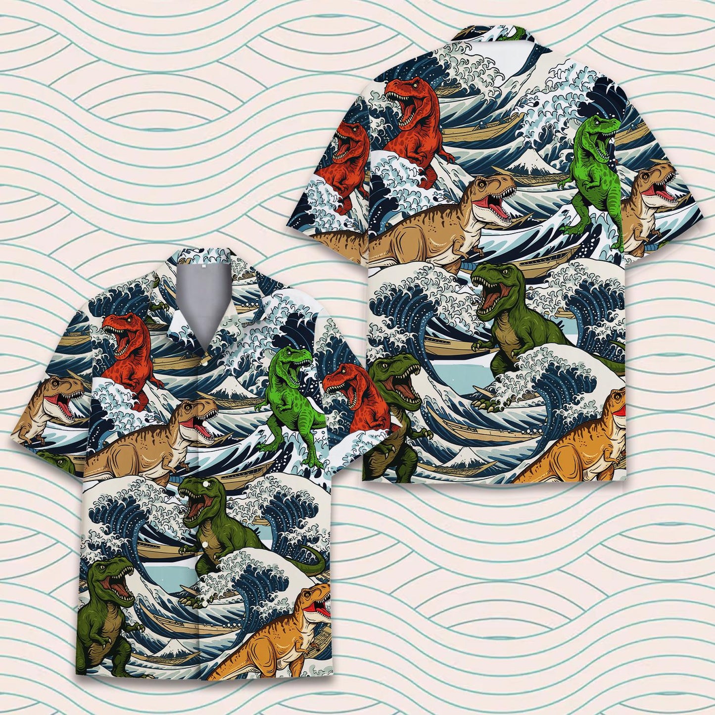 Dinosaur T-rex in Ocean Wave Shirt, Vacation Beach Shirt