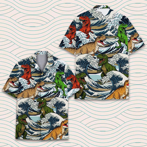Dinosaur T-rex in Ocean Wave Shirt, Vacation Beach Shirt