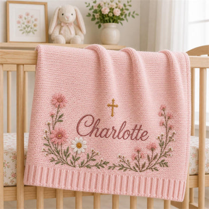 Personalized Embroidery Floral Cross Baby Blanket