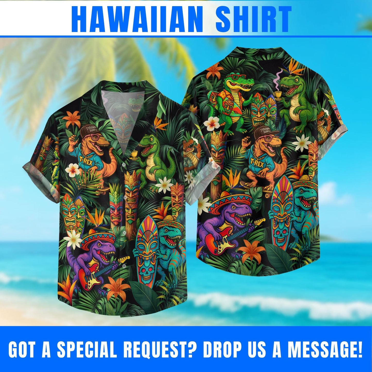 Dinosaur Tropical Hawaiian Tiki Shirts, Dinosaur Summer Beach Shirt